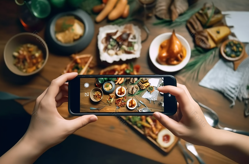 一名女子在美食大厅用餐前用智能手机拍下了世界各地的各种美食国际美食和饮食文化外出就餐的生活方式照相机先吃第一文化图像摄影,高清,摄影图,摄影图片,图片大全,摄影图免费下载